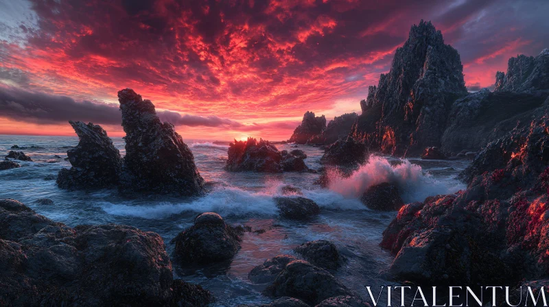 Dramatic Ocean Sunset with Jagged Rocks AI Image