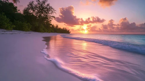 Serene Sunset Over the Beach with Glowing Waves