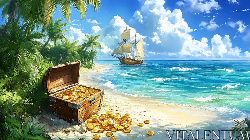 Tropical Beach with Treasure Chest and Sailing Ship AI Image