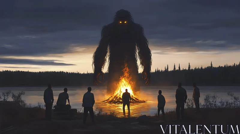 Enormous Monster and Nighttime Bonfire AI Image