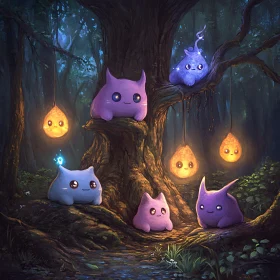 Enchanting Night Scene with Glowing Forest Creatures