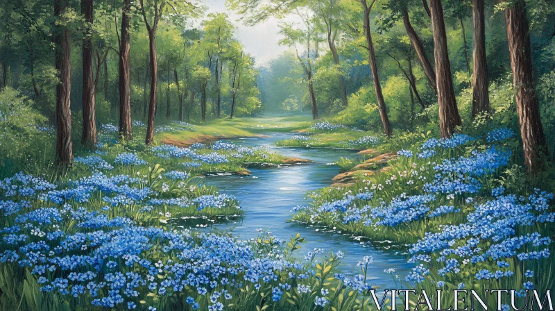 Tranquil Forest Landscape with Blue Wildflowers AI Image