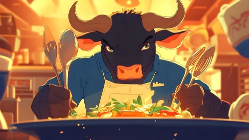 Bull Chef Mythical Culinary Cartoon