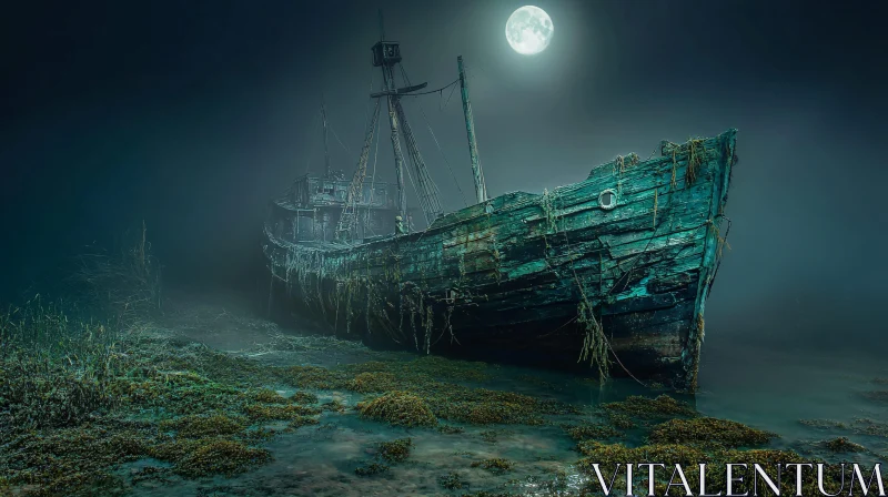 Abandoned Shipwreck in Moonlight AI Image