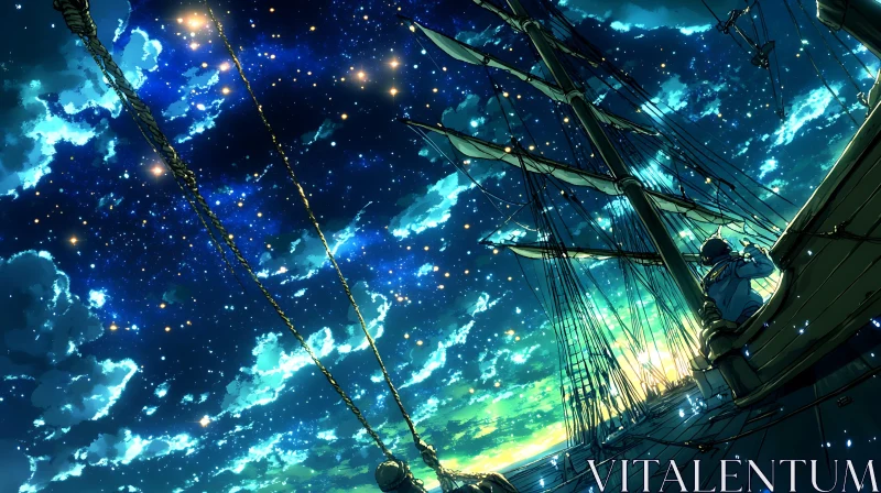 Sailboat in a Dreamlike Starry Night AI Image