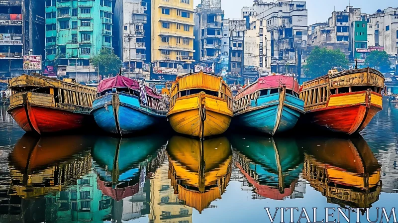 Colorful Boats and Urban Reflections AI Image