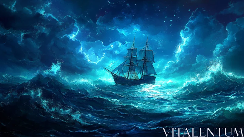 Storm-Tossed Ocean and Ship Under Night Sky AI Image