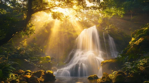 Sunlit Forest Waterfall Scene