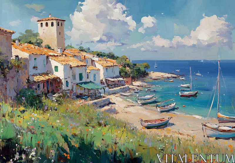 Serene Coastal Scene with Boats and Wildflowers AI Image