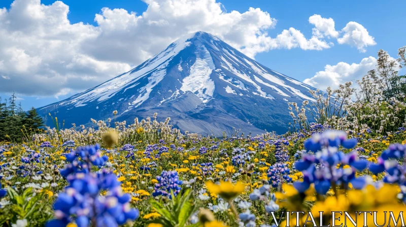 Snow-Capped Mountain and Blooming Wildflowers AI Image