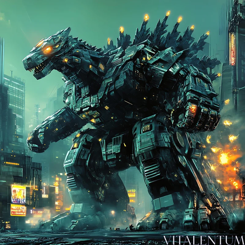 AI ART Giant Mecha Amid Explosions in Night City