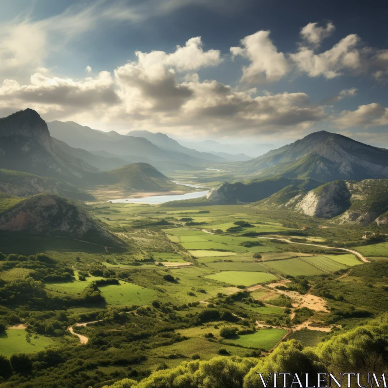 Majestic Grassy Valley with Soft Atmospheric Lighting AI Image