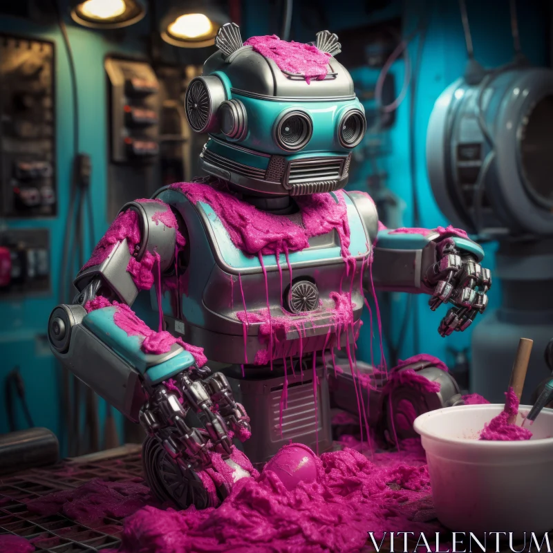 Robot in Pink Paint: A Cyan and Grey Diorama AI Image
