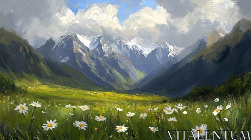 AI ART Peaceful Mountain Scenery with Blooming Daisies