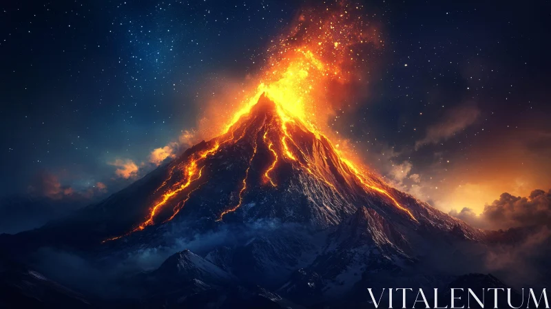 AI ART Fiery Volcanic Eruption Under Starry Sky