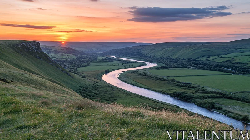 Golden Sunset Over a Tranquil Valley Landscape AI Image