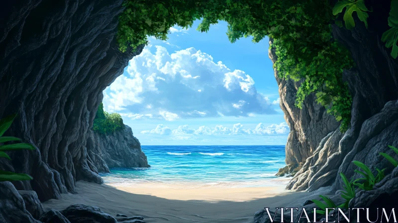 AI ART Serene Beach Seen from a Lush Cave