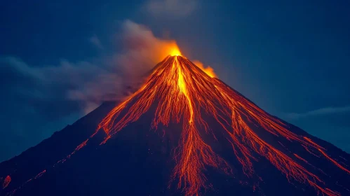 Nighttime Volcanic Eruption with Fiery Lava Streams