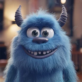 Cute Blue Furry Monster with Big Eyes and Horns