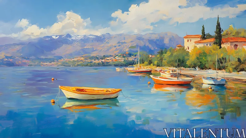 Idyllic Harbor Scene with Colorful Boats and Scenic Mountains AI Image