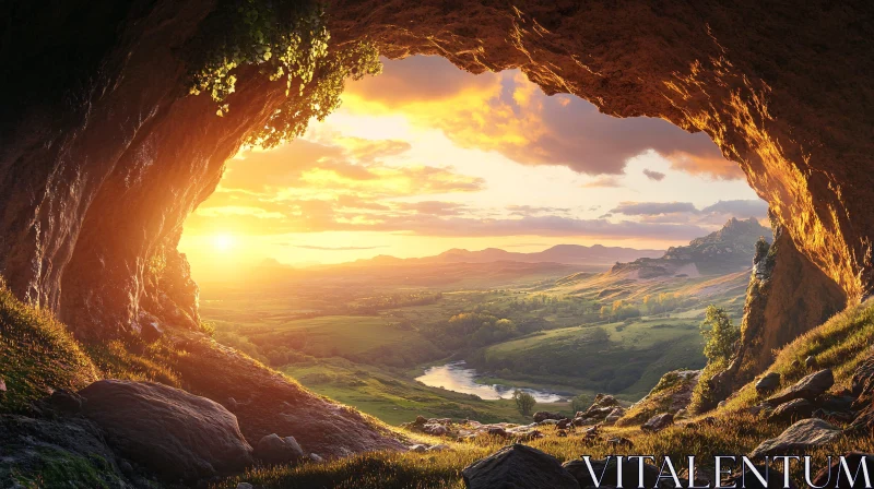 Beautiful Sunset View from Within a Cave AI Image