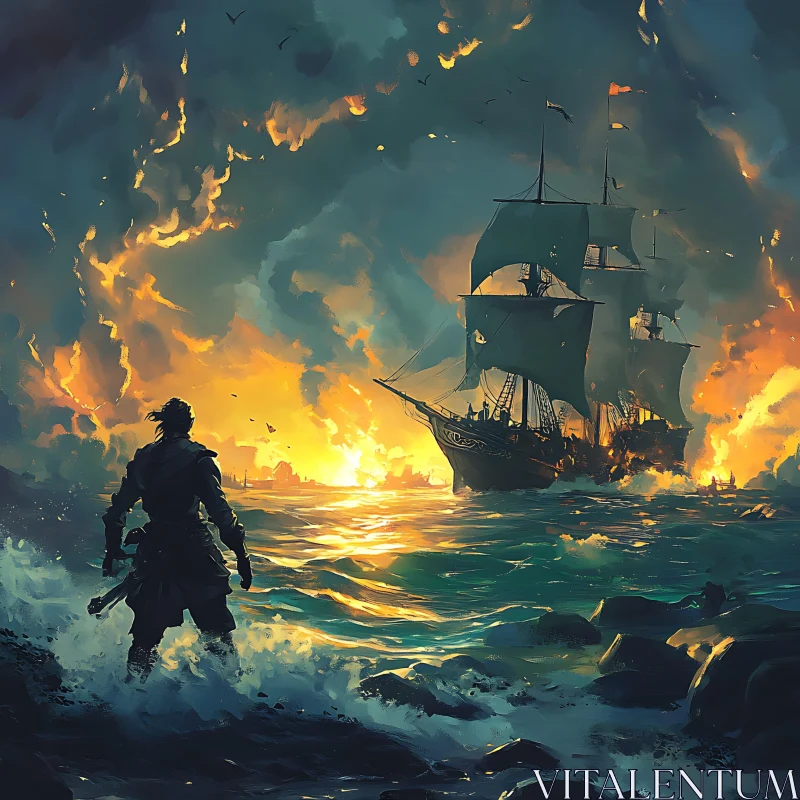 AI ART Pirate Adventure at Sea during Fiery Sunset