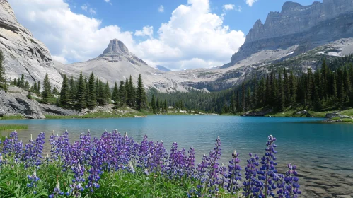 Peaceful Lake with Purple Flowers and Scenic Mountains