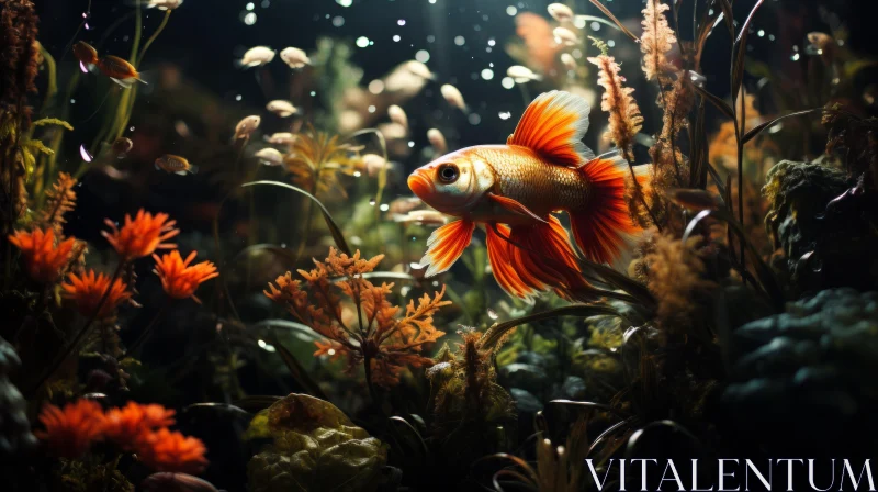 Baroque-inspired Realistic Artwork of Goldfish Amidst Aquatic Plants AI Image