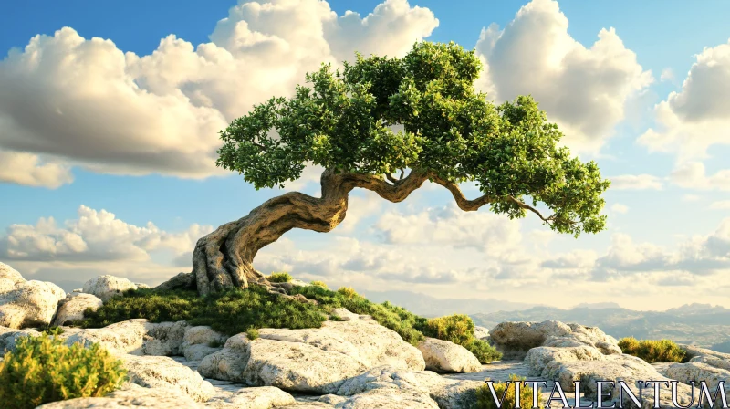 Serene Landscape with Twisted Tree and Clouds AI Image