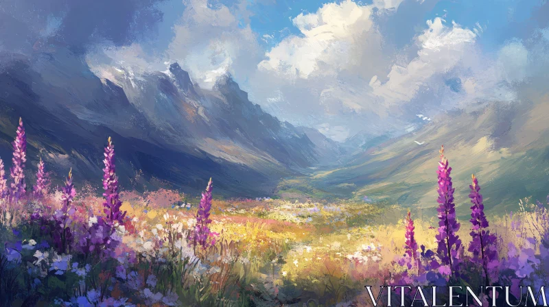 Blossoming Meadow with Mountain Backdrop AI Image