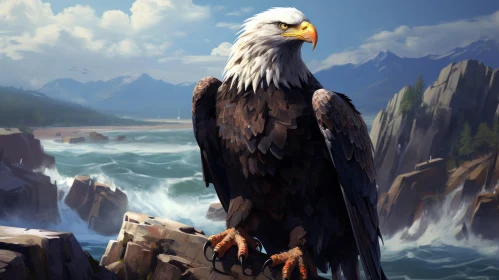Majestic Eagle Perched on Rocks with Ocean Backdrop - 2D Game Art Style