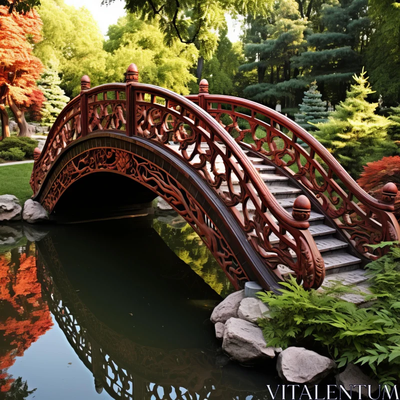 Ornate Wooden Bridge in Oriental Garden AI Image