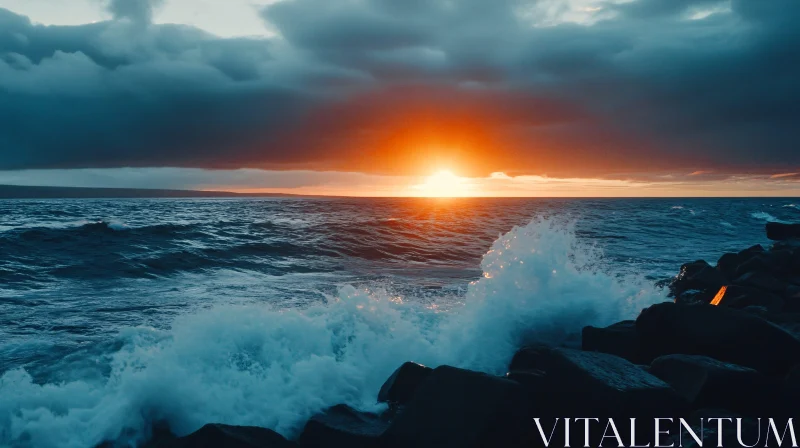 Sunset Over Ocean with Crashing Waves and Rocky Shore AI Image