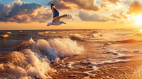 Seagull Flying Over Golden Horizon