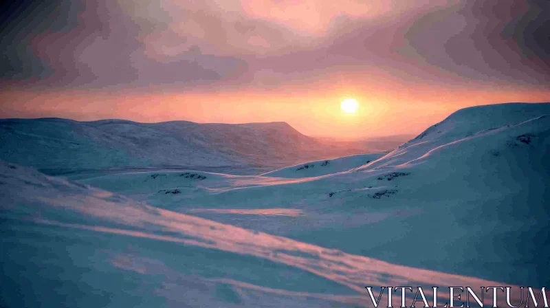 AI ART Winter Sunset Over Snowy Mountains