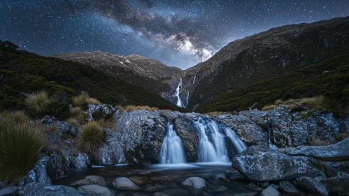 Waterfall Under Starry Night Sky