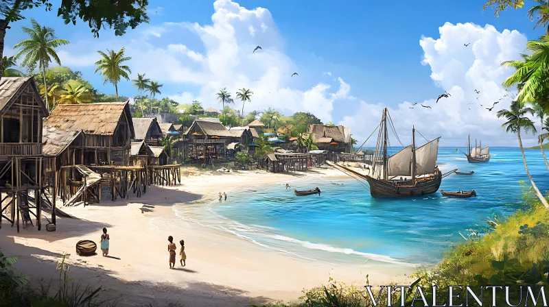 Tropical Beachside Village Scene AI Image