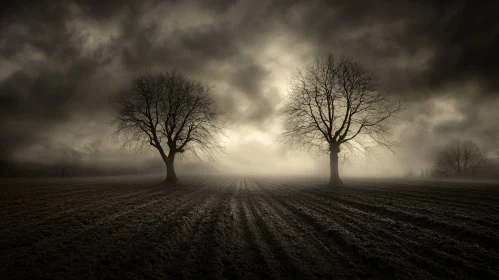 Foggy Field with Barren Trees Under Stormy Skies