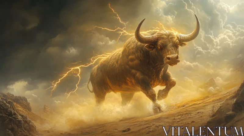 Powerful Bull in Thunderstorm AI Image