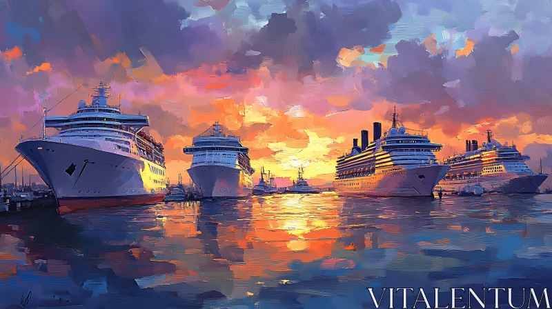 Cruise Ships at Harbor during Stunning Sunset AI Image