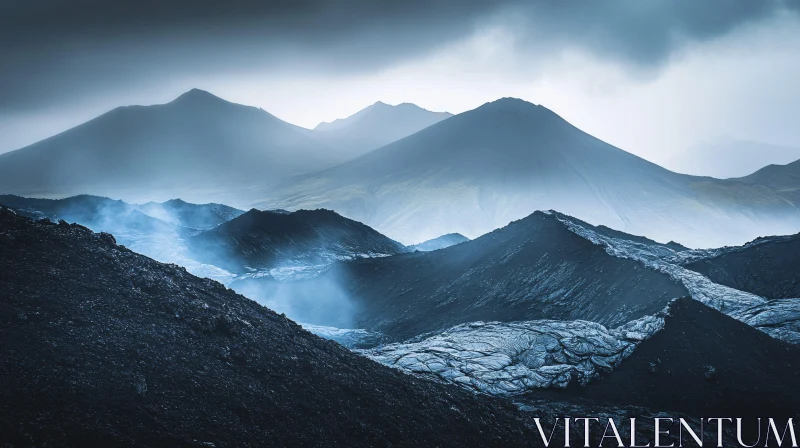 Enigmatic Volcanic Peaks in Foggy Atmosphere AI Image