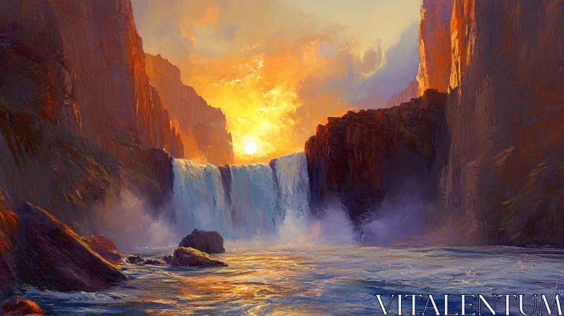 AI ART Golden Sunset Illuminates Majestic Waterfall