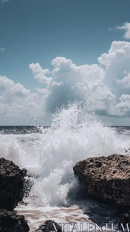 AI ART Wave Splash Against Rocks with Cloudy Sky Background