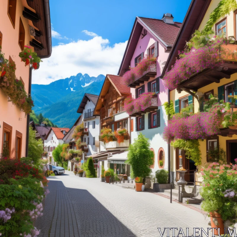 Colorful Austrian Town Street with Mountainous Vistas AI Image