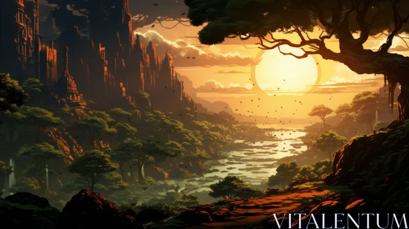 Digital Fantasy Sunset: A Junglecore Adventure Landscape AI Image