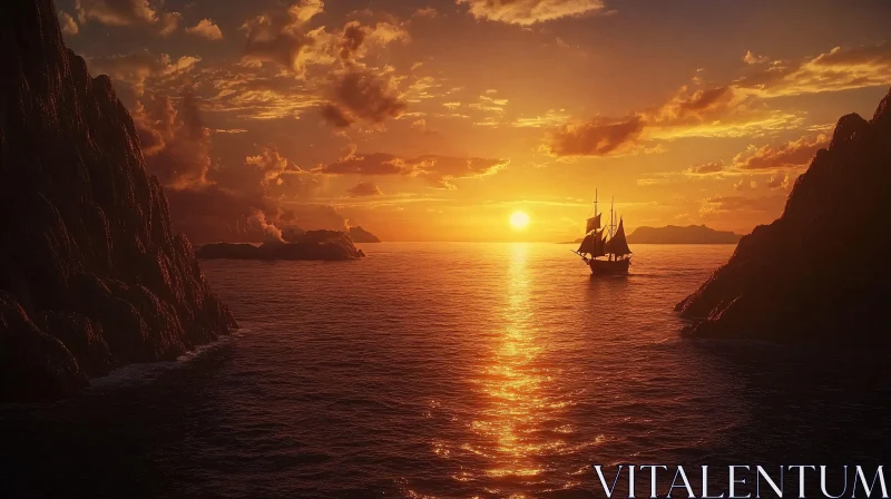 Golden Sunset with a Ship, Sea, and Mountains AI Image