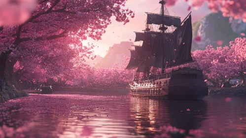 Sunset Cherry Blossom River with Sailing Ship