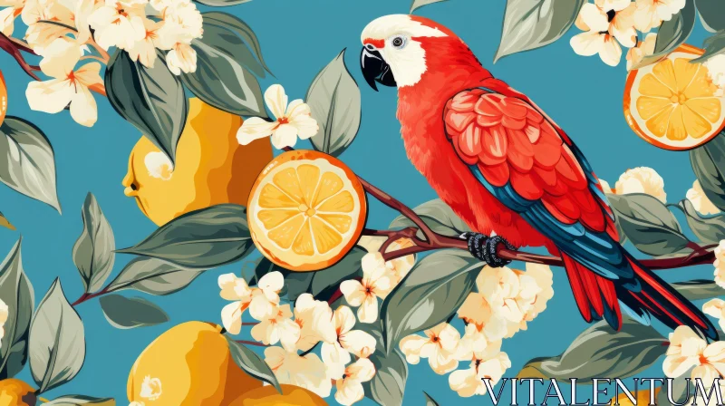 Red Parrot and Orange Tree: A Nature Inspired Illustration AI Image