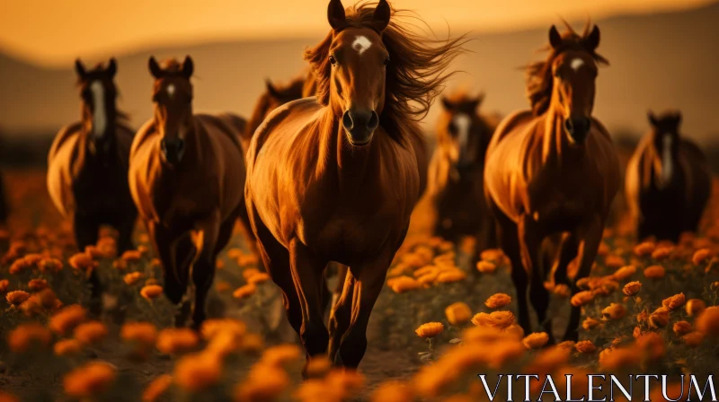 Sunset Gallop: Horses Running in Flower Field AI Image