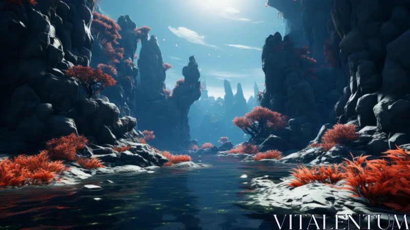 Tranquil Waterfilled Valley with Red Bushes and Rock Canyons AI Image